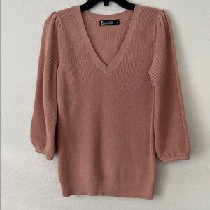 7th Avenue Puff Shoulder Bracelet Length Sleeves V-Neck Sweater Blush in Size S